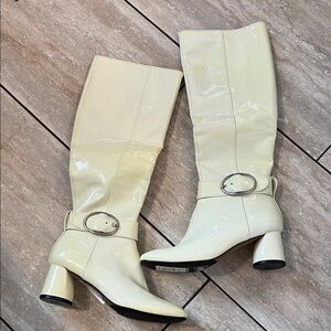 Donald J. Pliner Ivory Patent Knee-High Buckle Boots